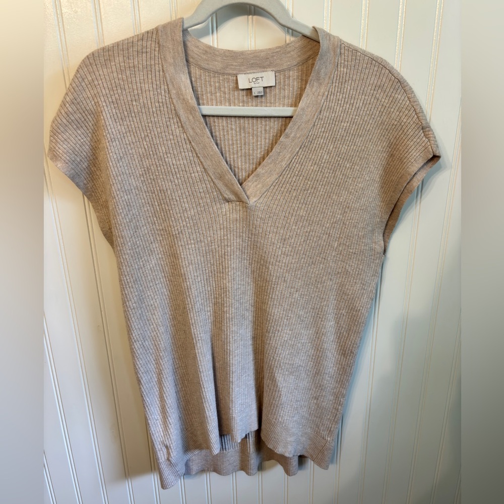 LOFT Taupe Ribbed V-Neck Top